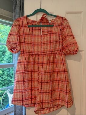 River Island Pink and Orange Checked Puff-Sleeve Dress